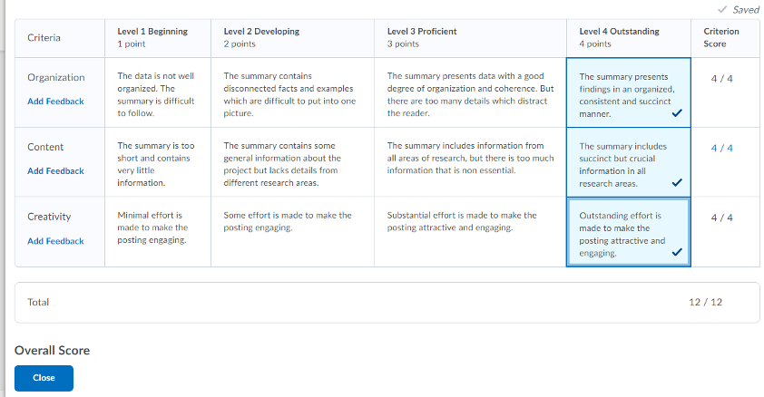 Rubric sample with selected boxes