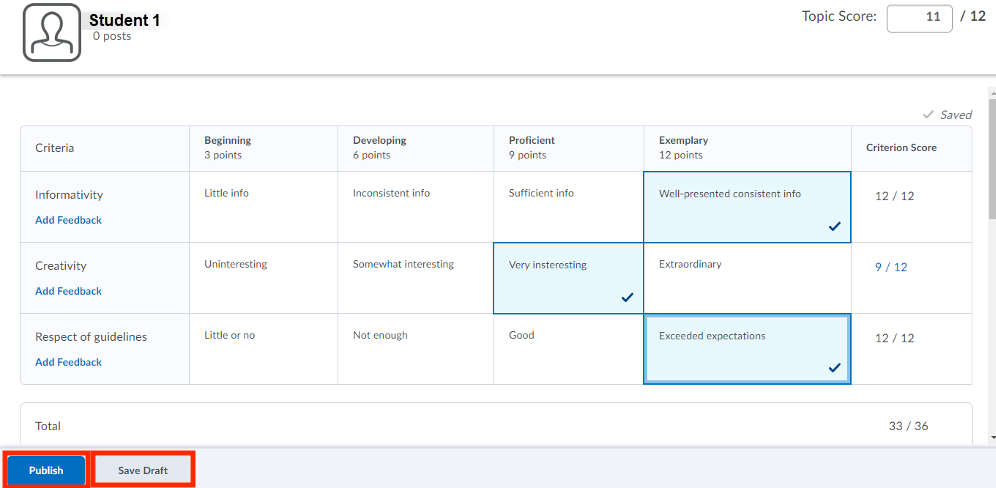 Rubric with selected boxes