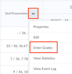 Enter grades option under grade item dropdown