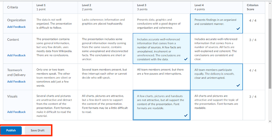 rubric with selected boxes