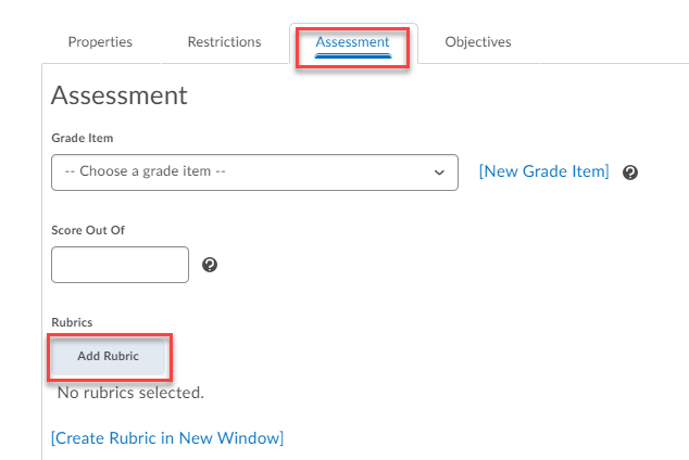 Assessment tab, add rubric