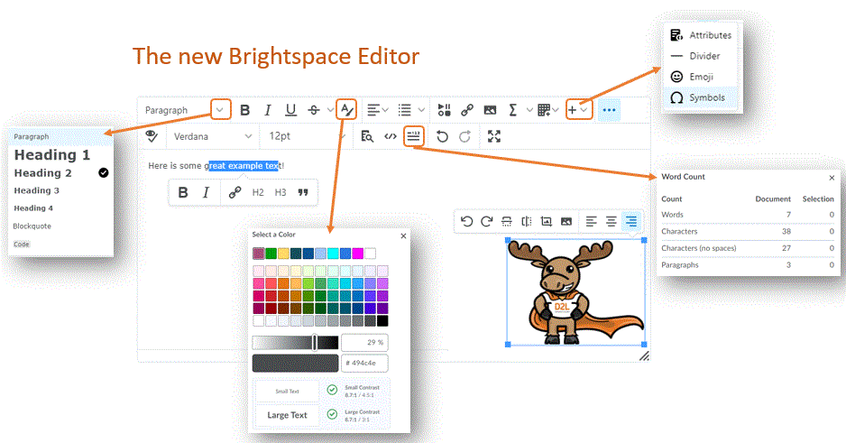 The new brightspace editor, including call outs showing the new style selector, the colour picker, the insert other options menu and the word counter. It also shows the context menu for styling text and images.