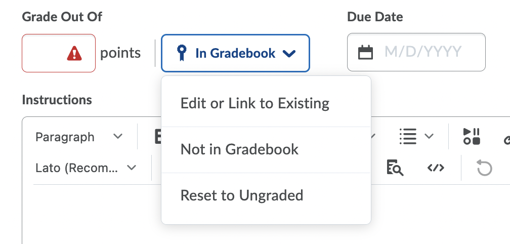 The Grade linking dropdown menu, including Edit or Link to Existing, Not in Gradebook and Reset to Ungraded.