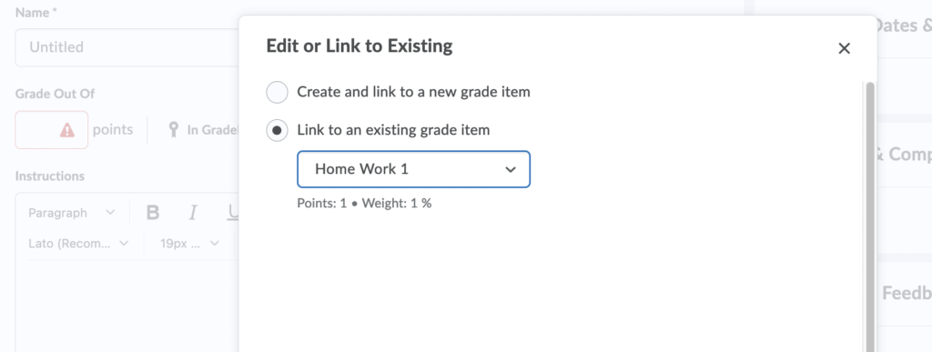 The Link to existing grade item dialog showing a dropdown menu with all unlinked grade items.