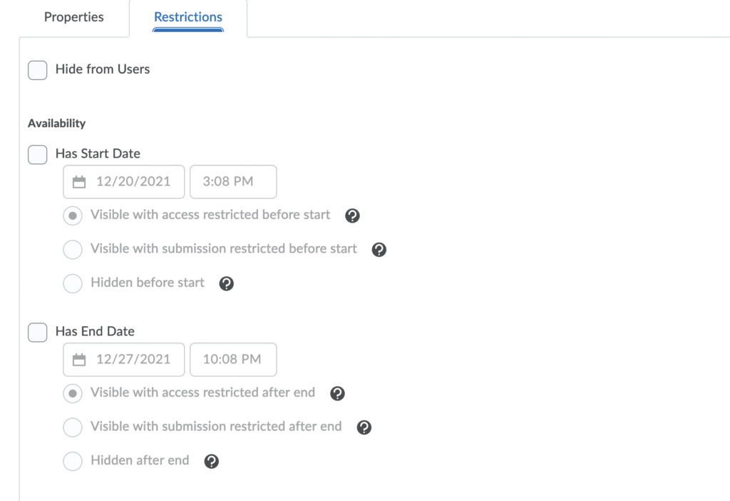 The discussion restriction dates dialog with the options Visible with access restricted before start, Visible with submission restricted before start and hidden before start and the same options for after end.